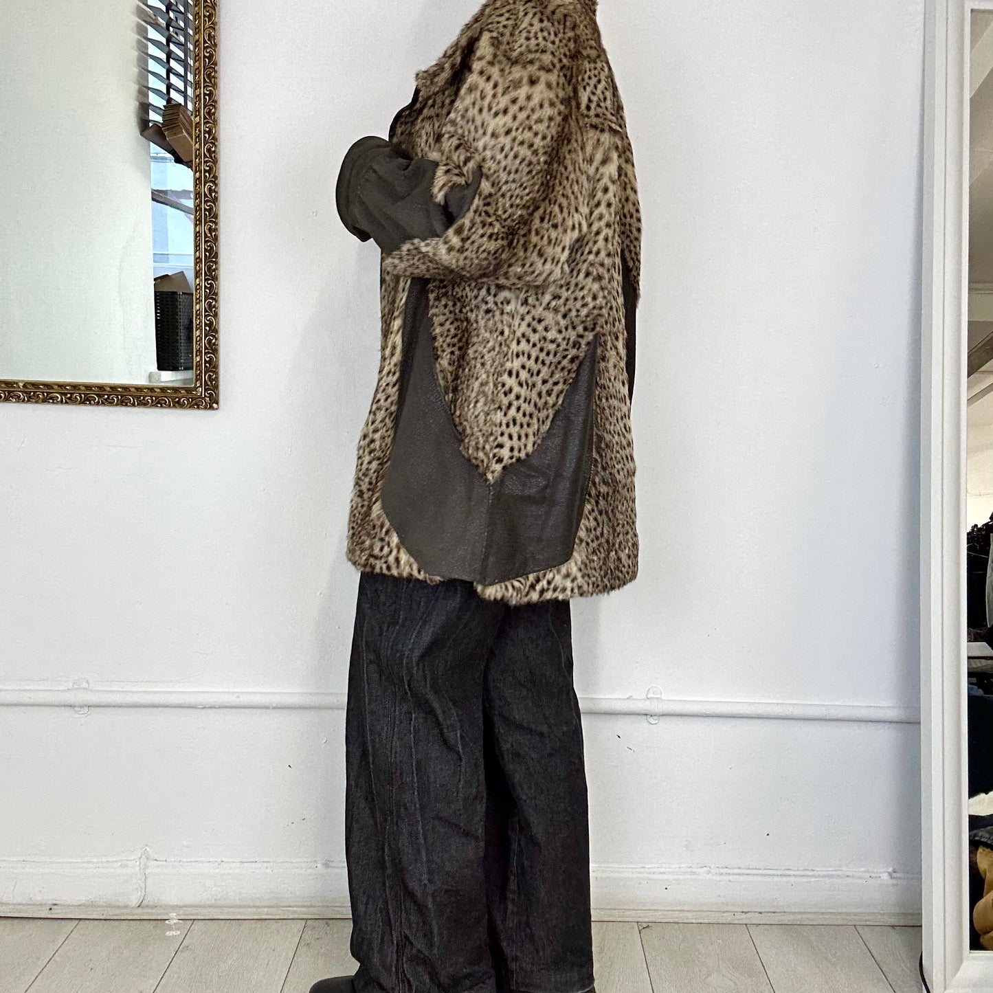 vintage fur cheetah print coat with leather detailing