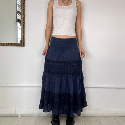 dark blue broderie maxi skirt