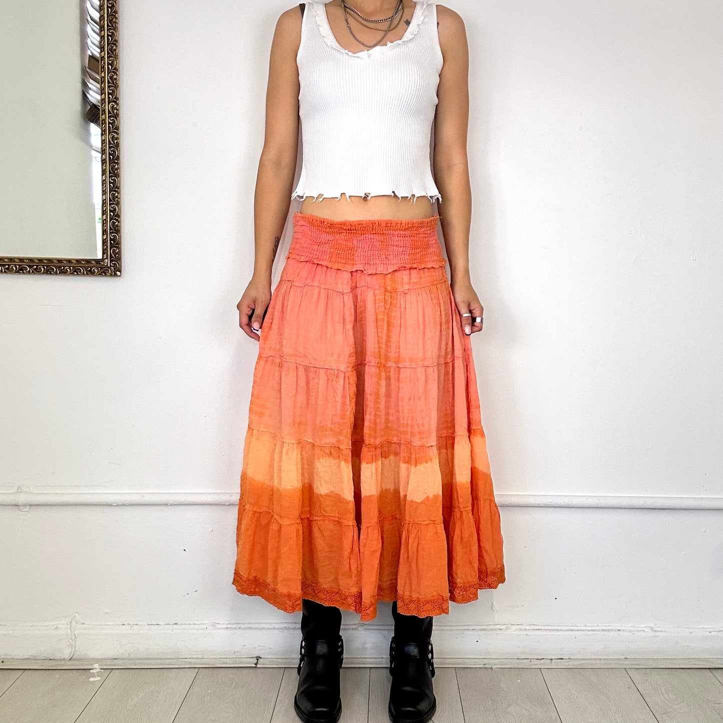 orange ombré print tiered maxi skirt