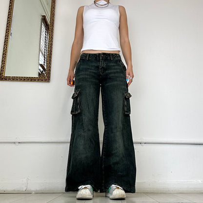 dark wash wide leg cargo jeans