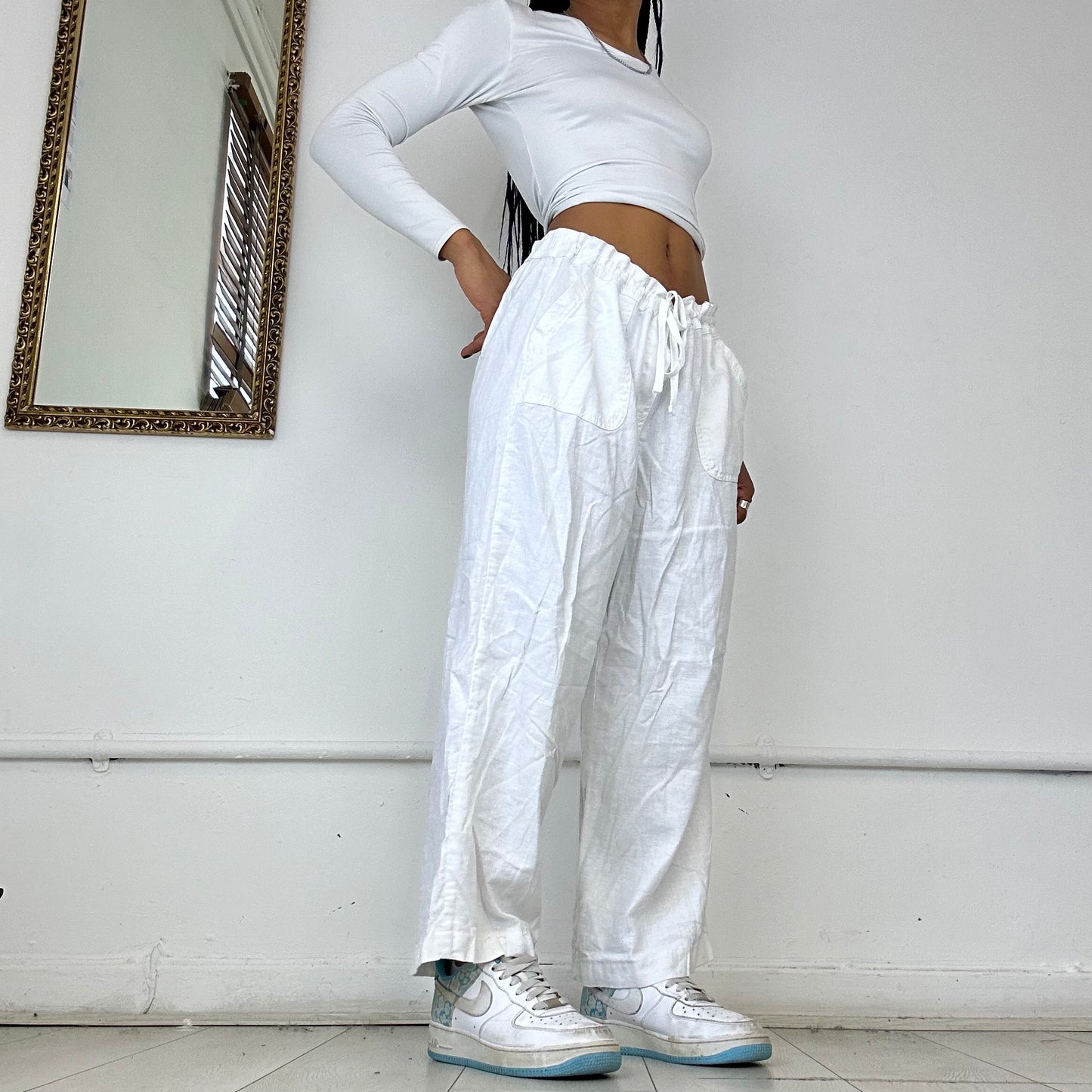 white wide leg linen trousers