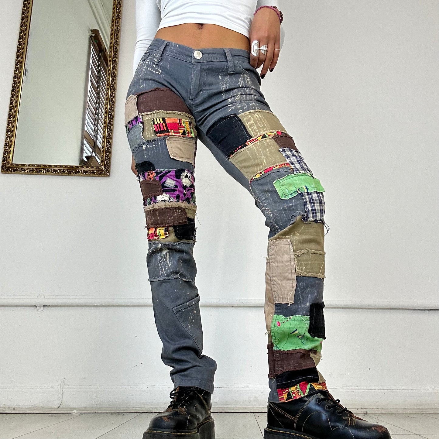 patch work denim trousers