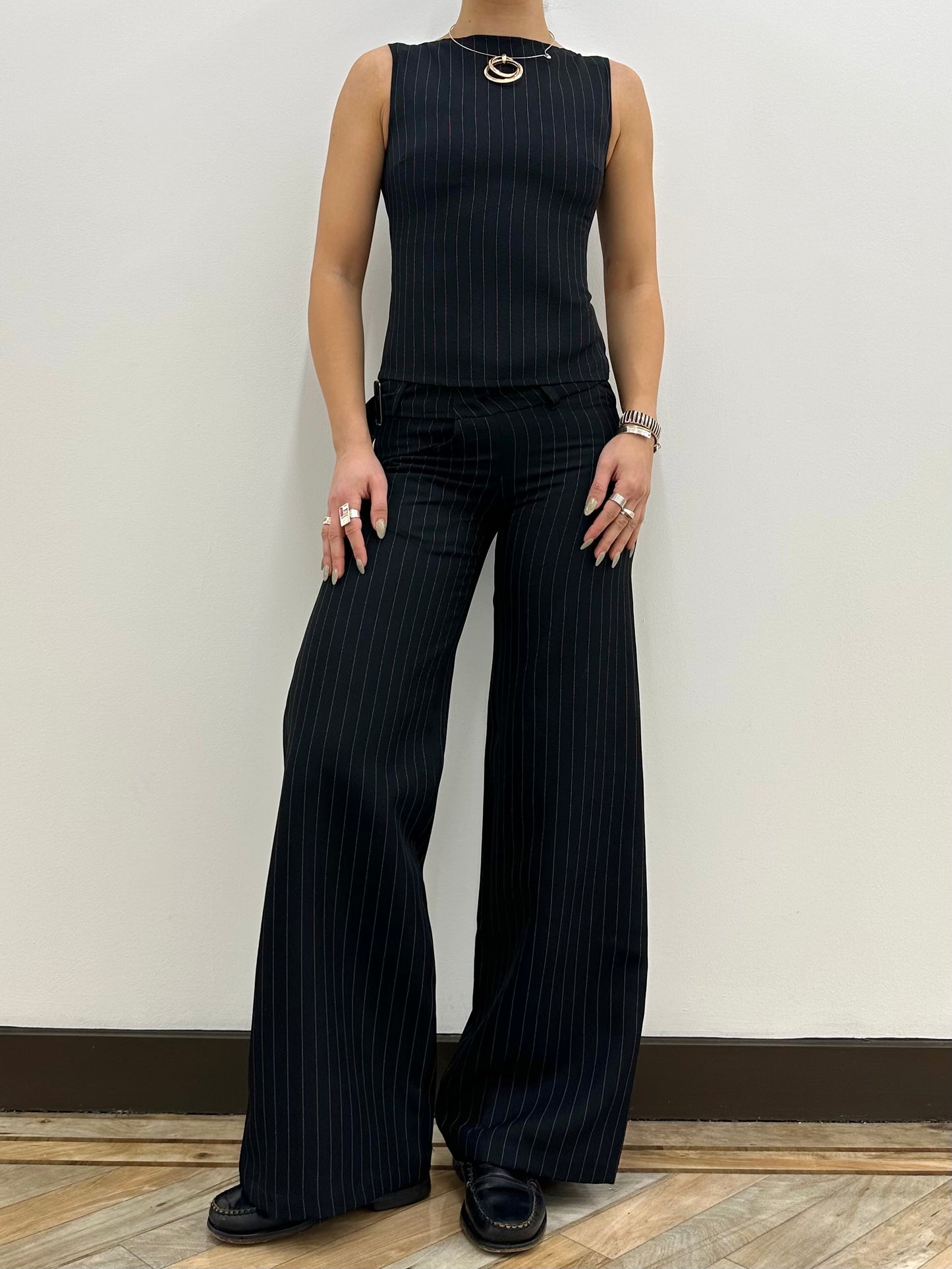 the charlie top in black pinstripe