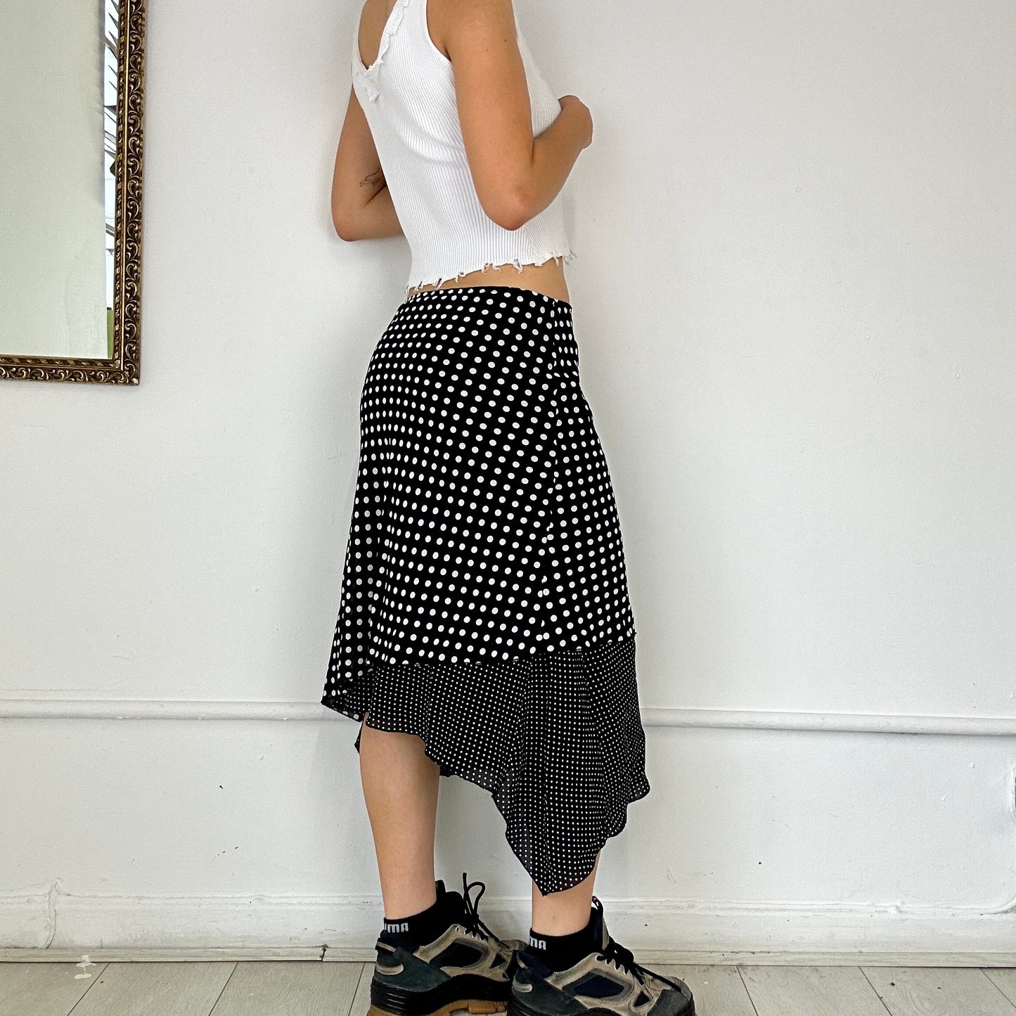 2000s black and white polka dot skirt