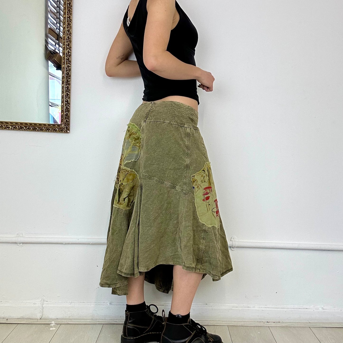 khaki asymmetric midi skirt