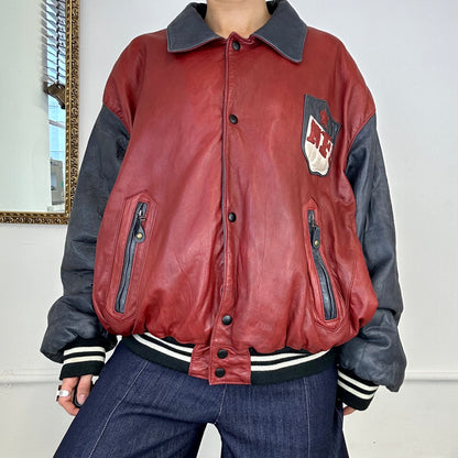 vintage NFL red and black leather bomber jacket