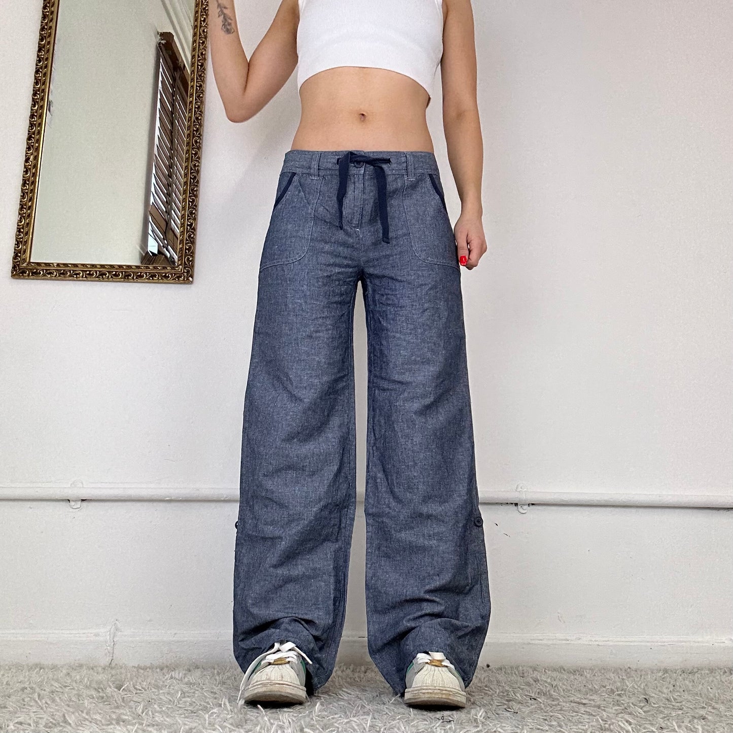 wide leg denim cargo trousers