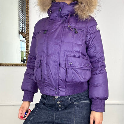 vintage moncler purple zip up hooded puffer coat