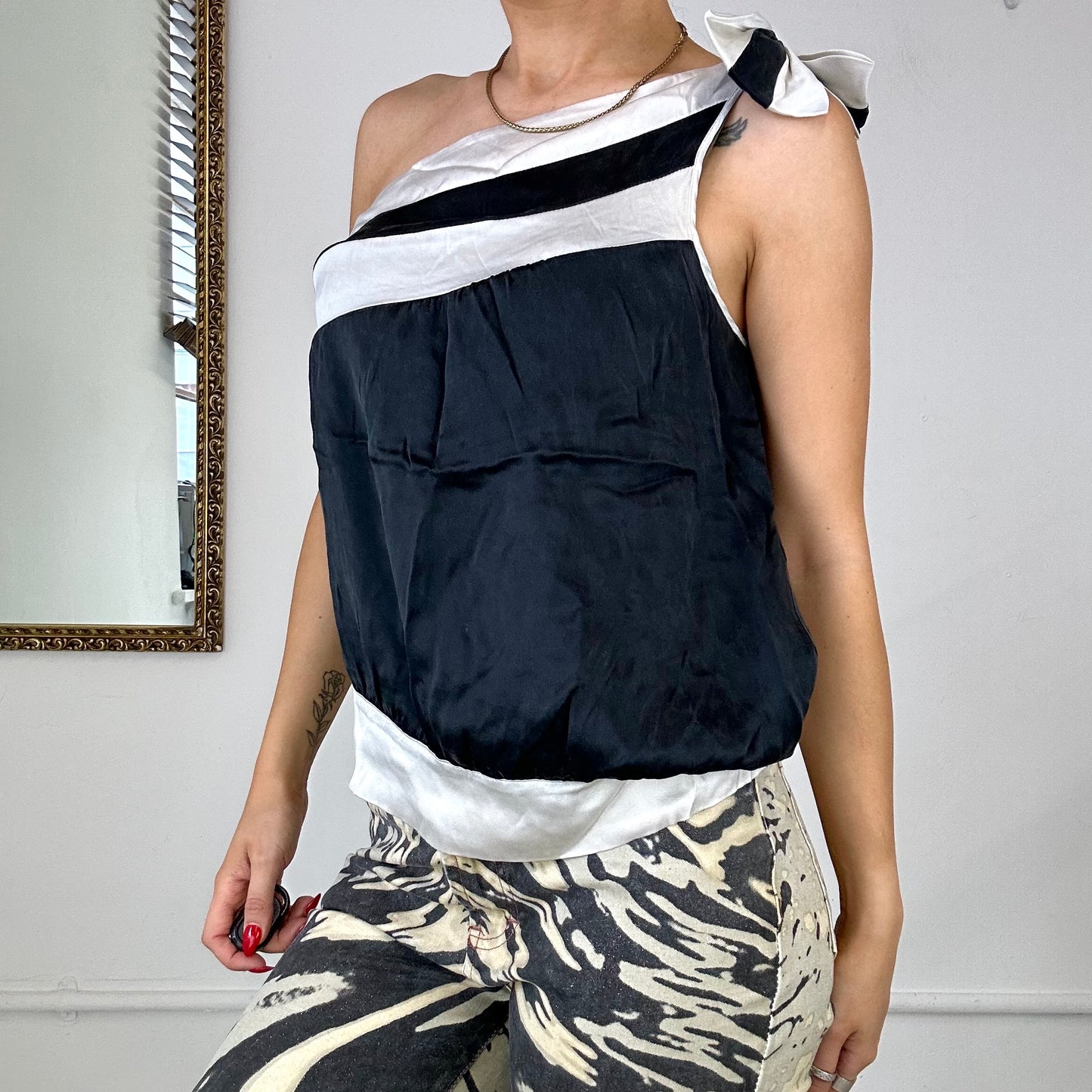 asymmetric silk top by bebe