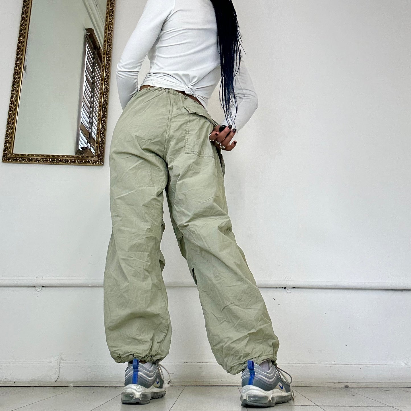 khaki parachute cargo trousers