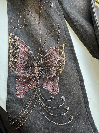 2000's MCRD brown butterfly sequinned flared jeans