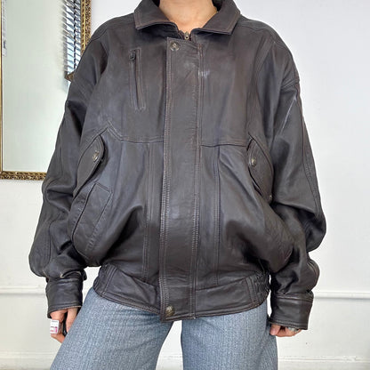 oversize brown leather bomber  jacket