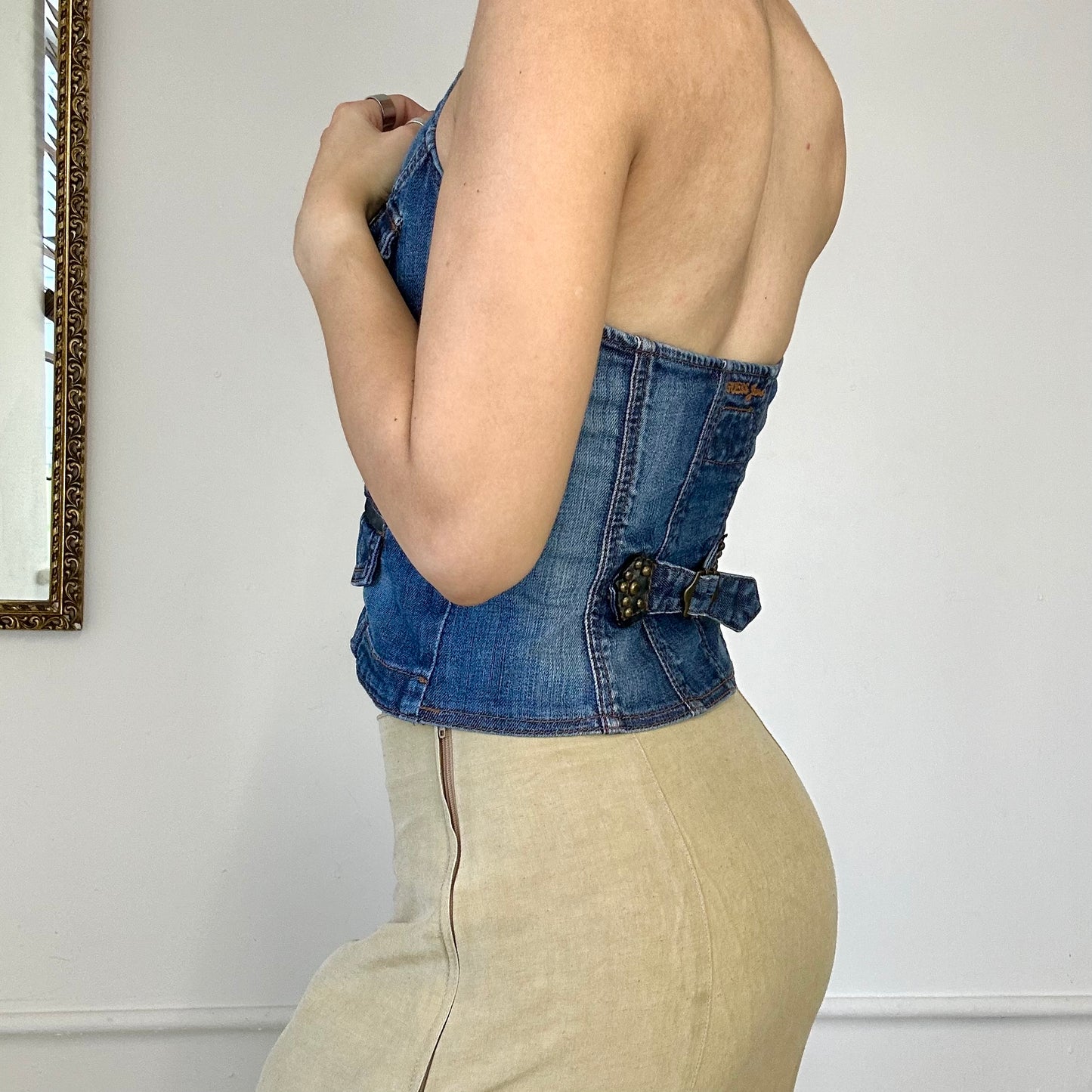 2000's guess denim halter neck waistcoat top