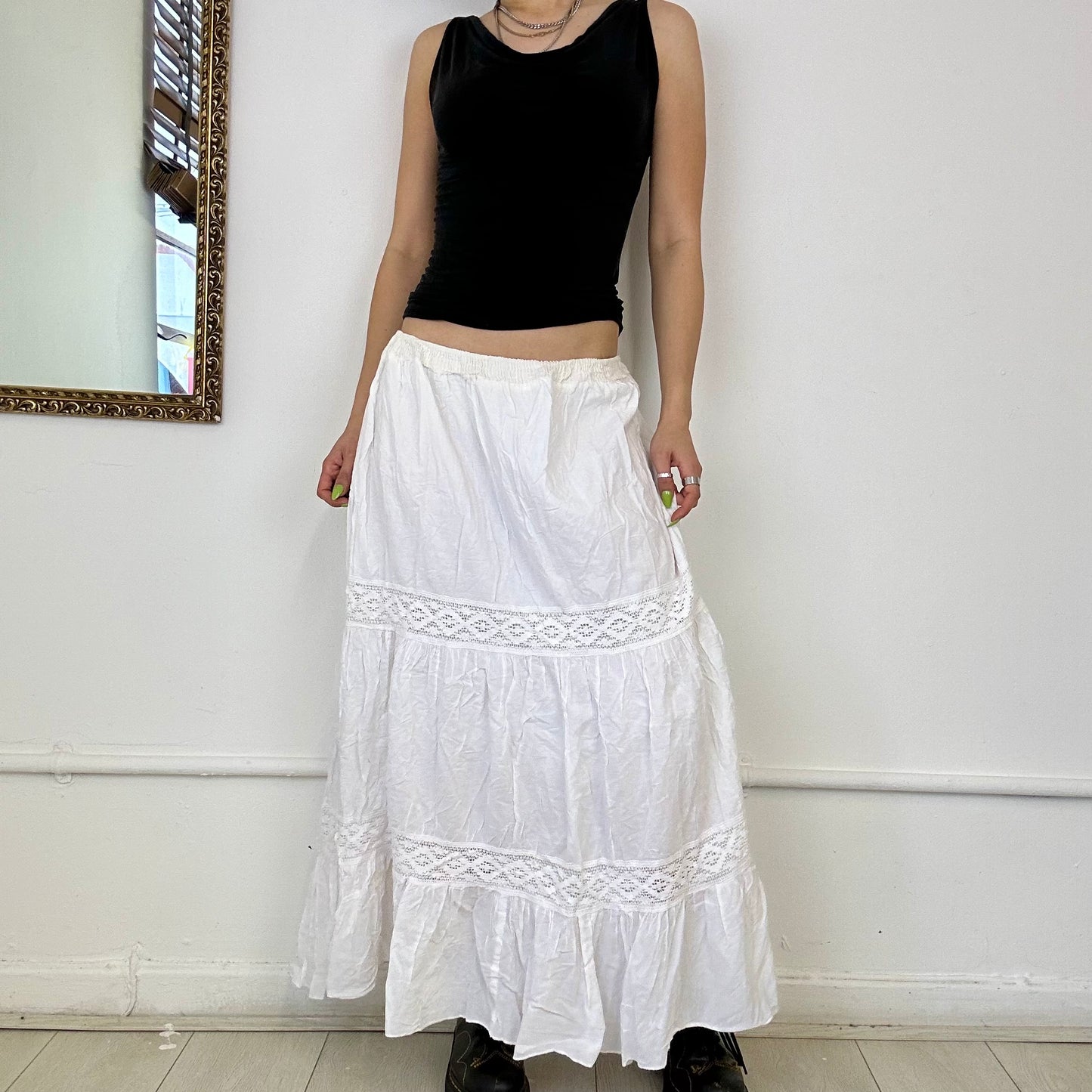 white tiered maxi skirt