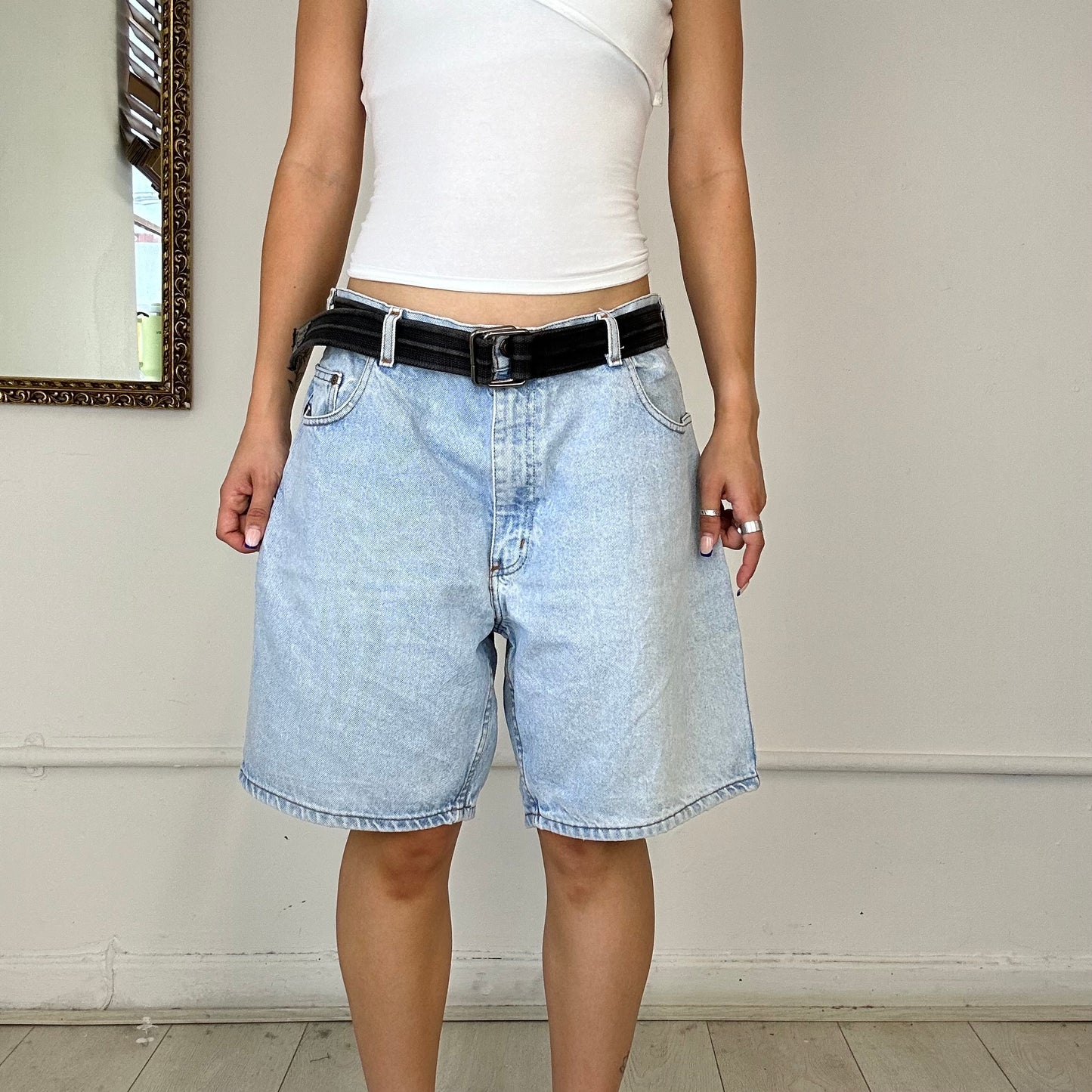 baggy light wash denim shorts