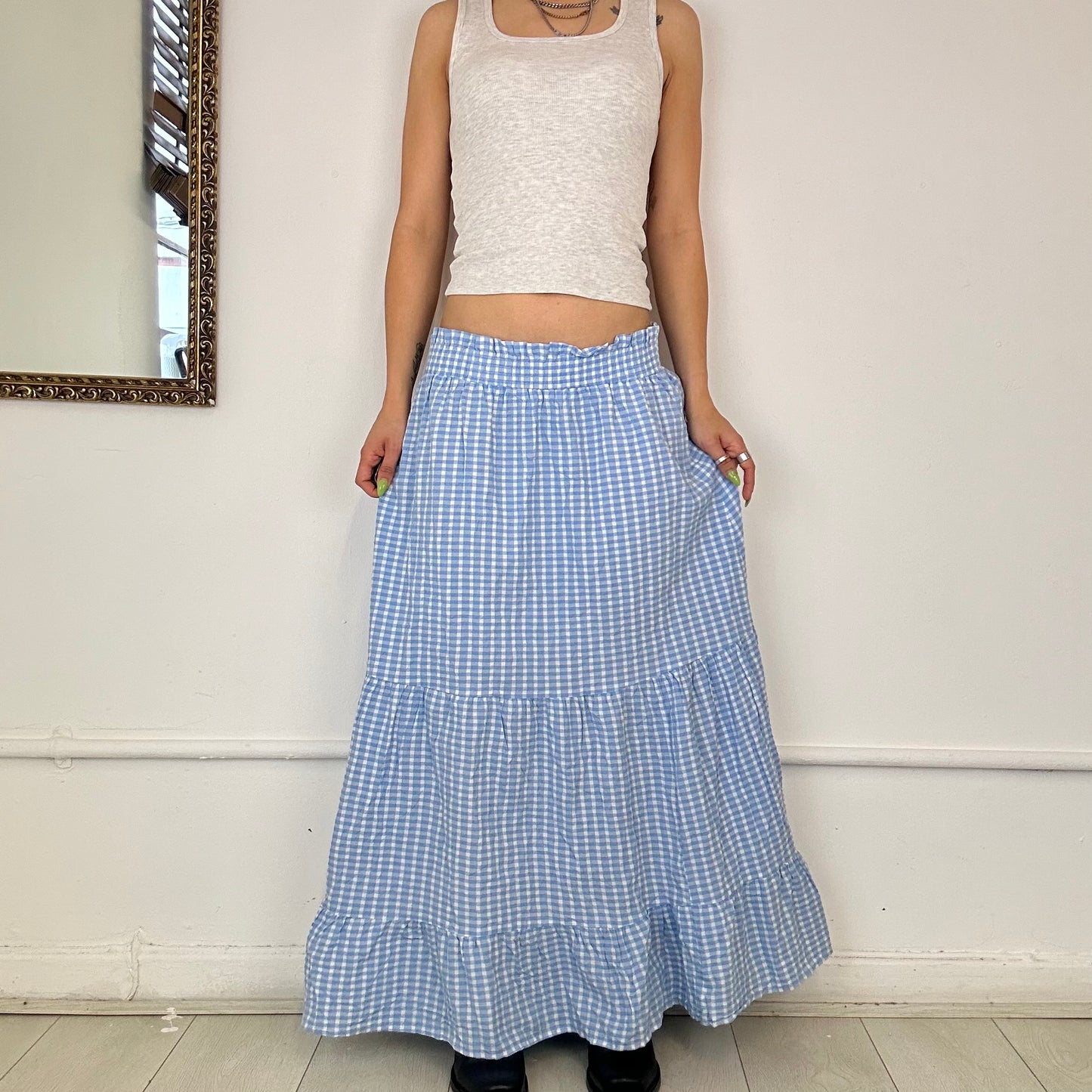 light blue gingham maxi skirt