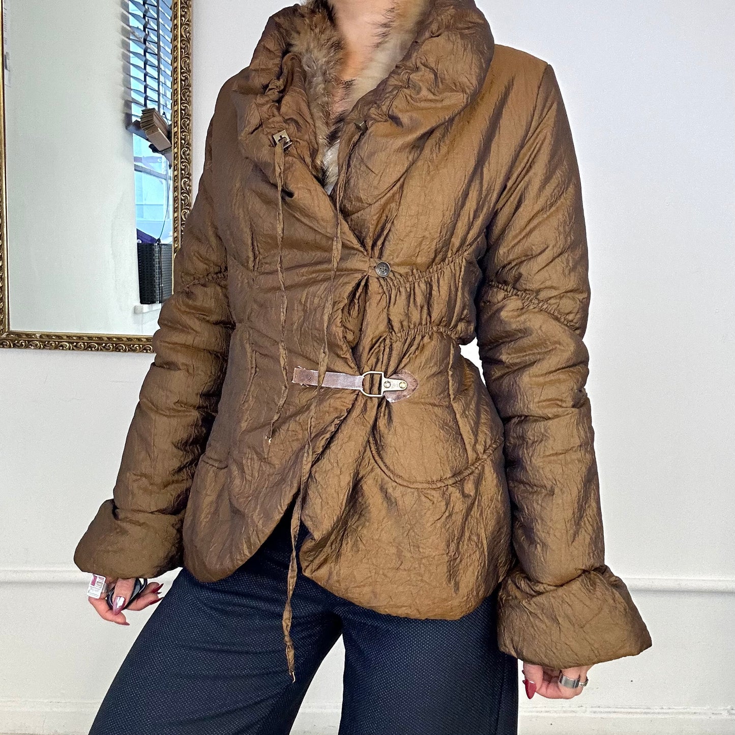 2000's sandro ferrone brown iridescent puffer jacket