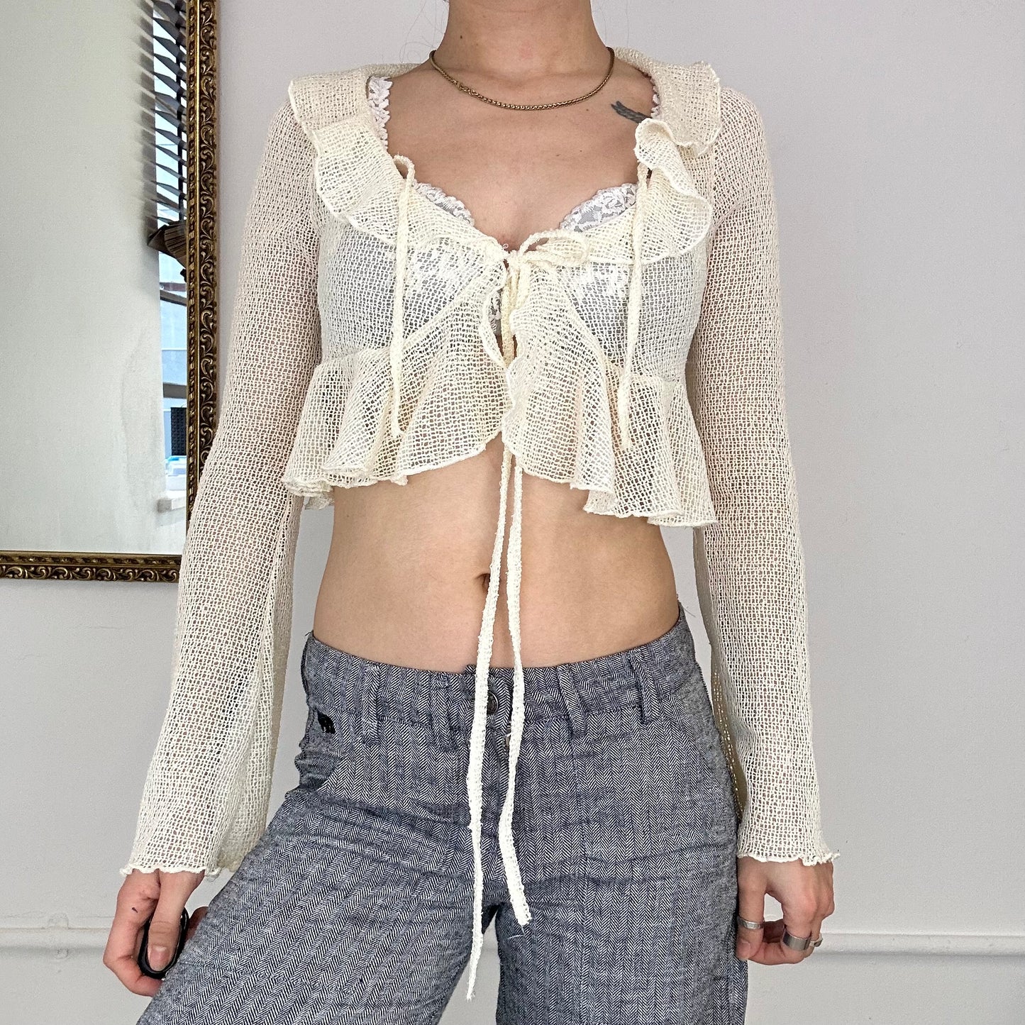 vintage loose knit cream tie up top