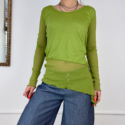 green long sleeve asymmetric mesh top