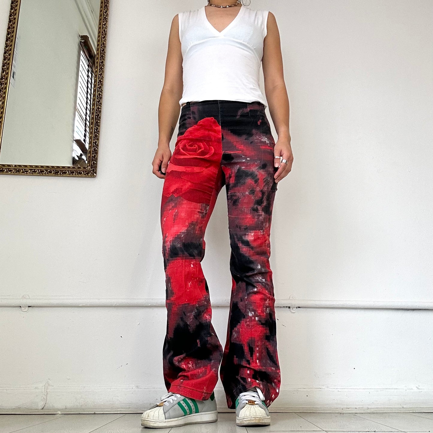 2000's rose patterned flared trousers