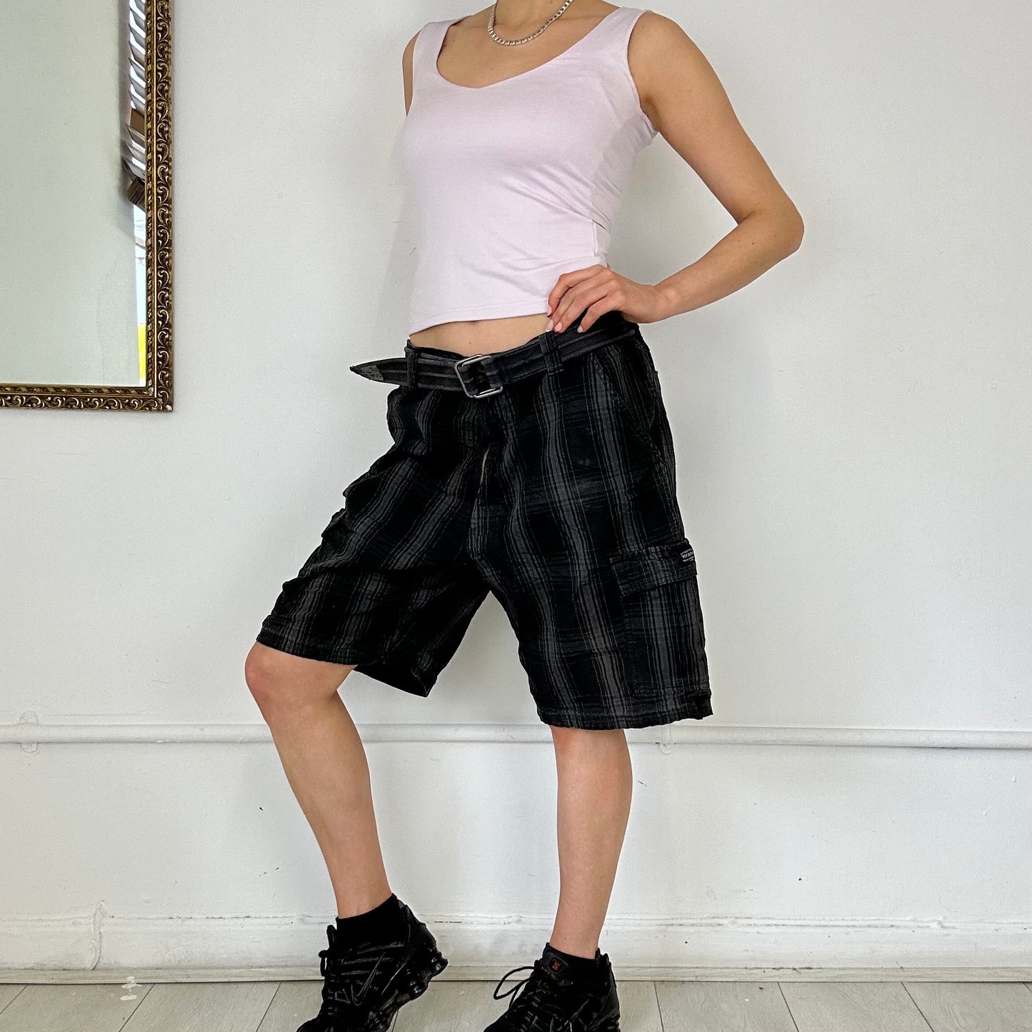 baggy black checkered wrangler shorts