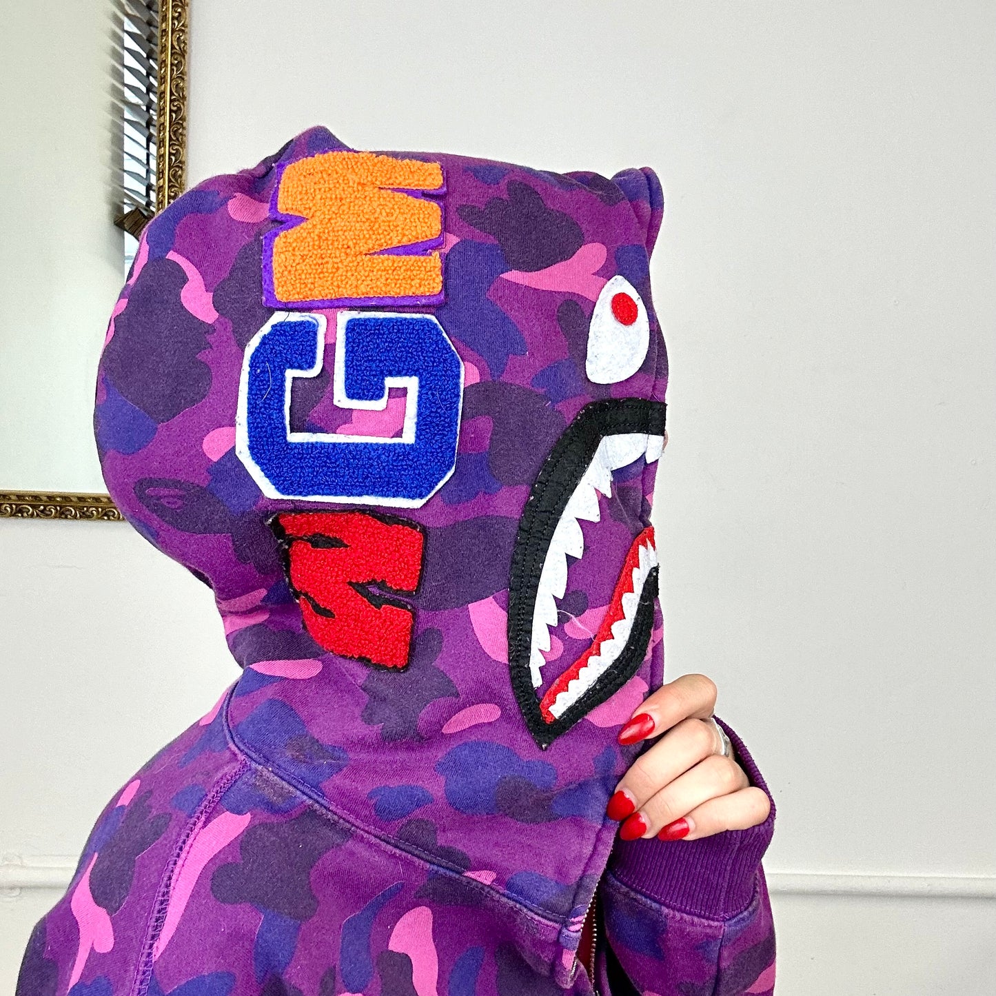 purple full zip a bathing ape shark zip up hoodie