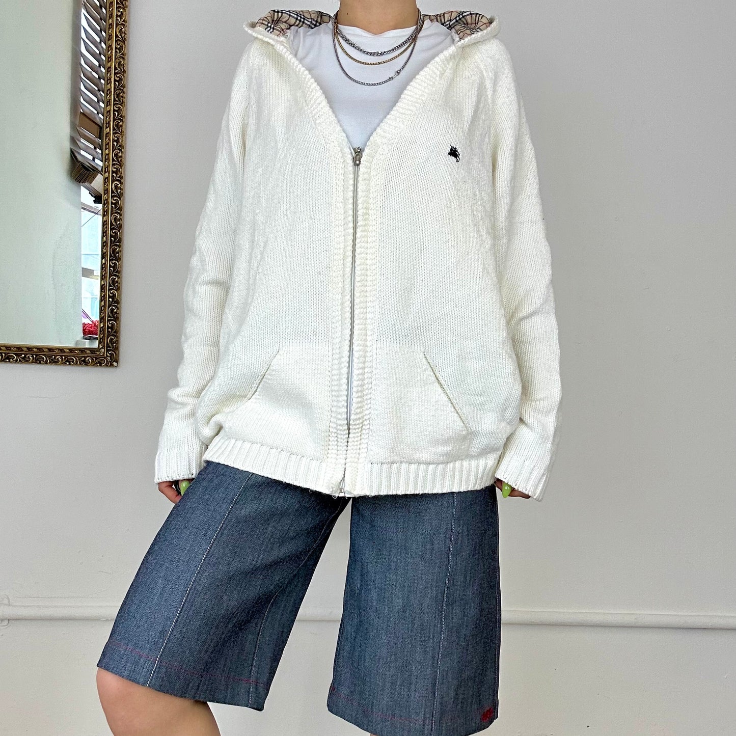 white knitted burberry zip hoodie