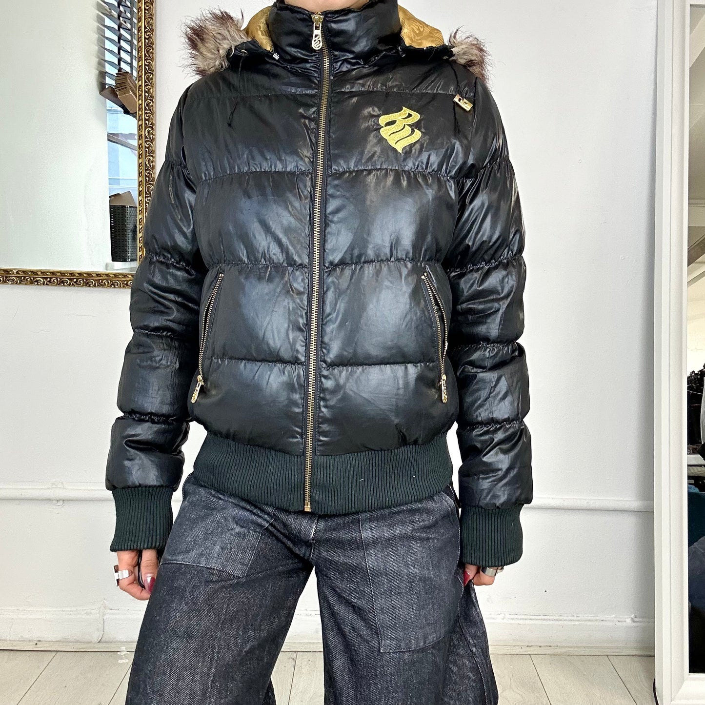 vintage black rocawear faux fur puffer