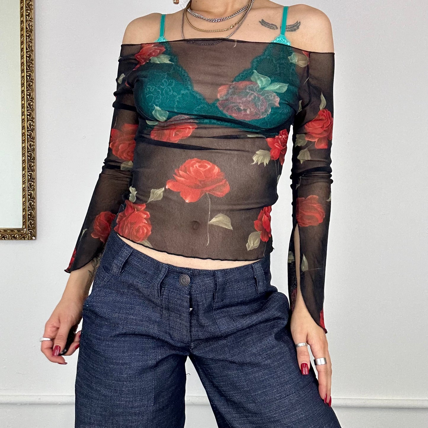 2000’s rose print mesh top