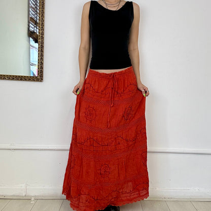 burnt orange 2000's tiered maxi skirt