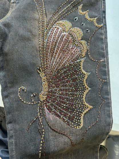 2000's MCRD brown butterfly sequinned flared jeans