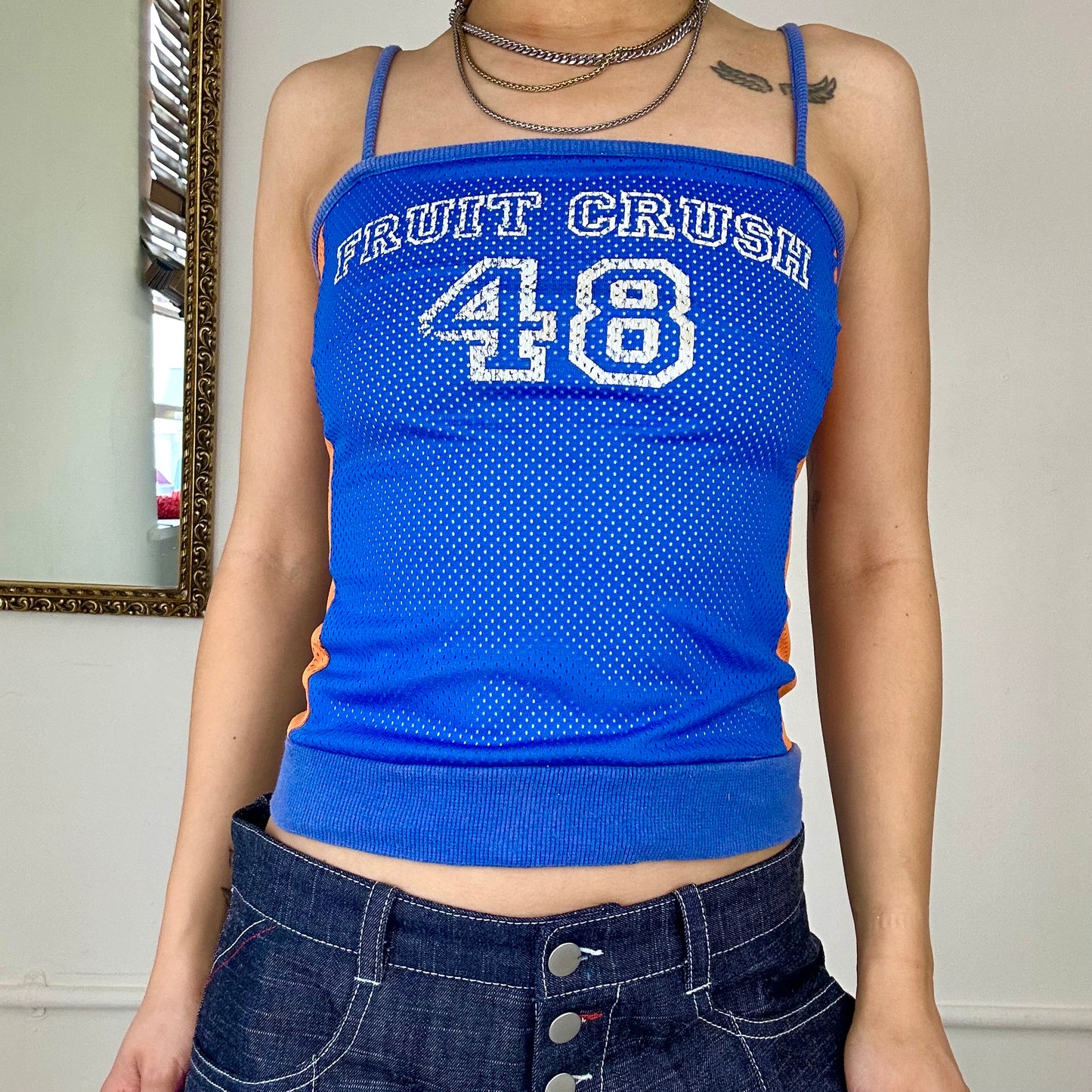 blue sporty square neck tank top