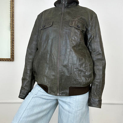 vintage dark olive leather jacket by tommy hilfiger