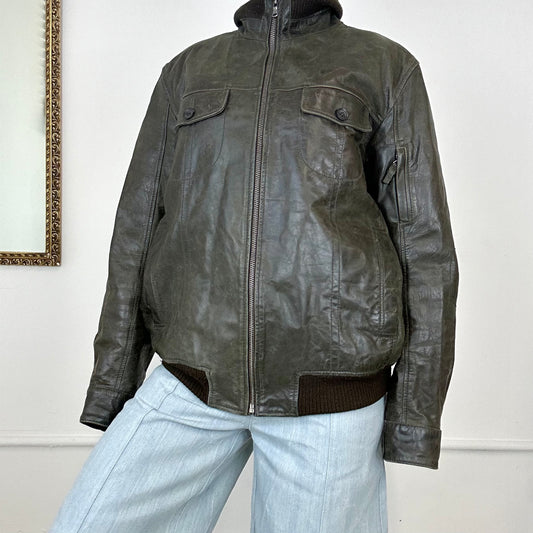 vintage dark olive leather jacket by tommy hilfiger