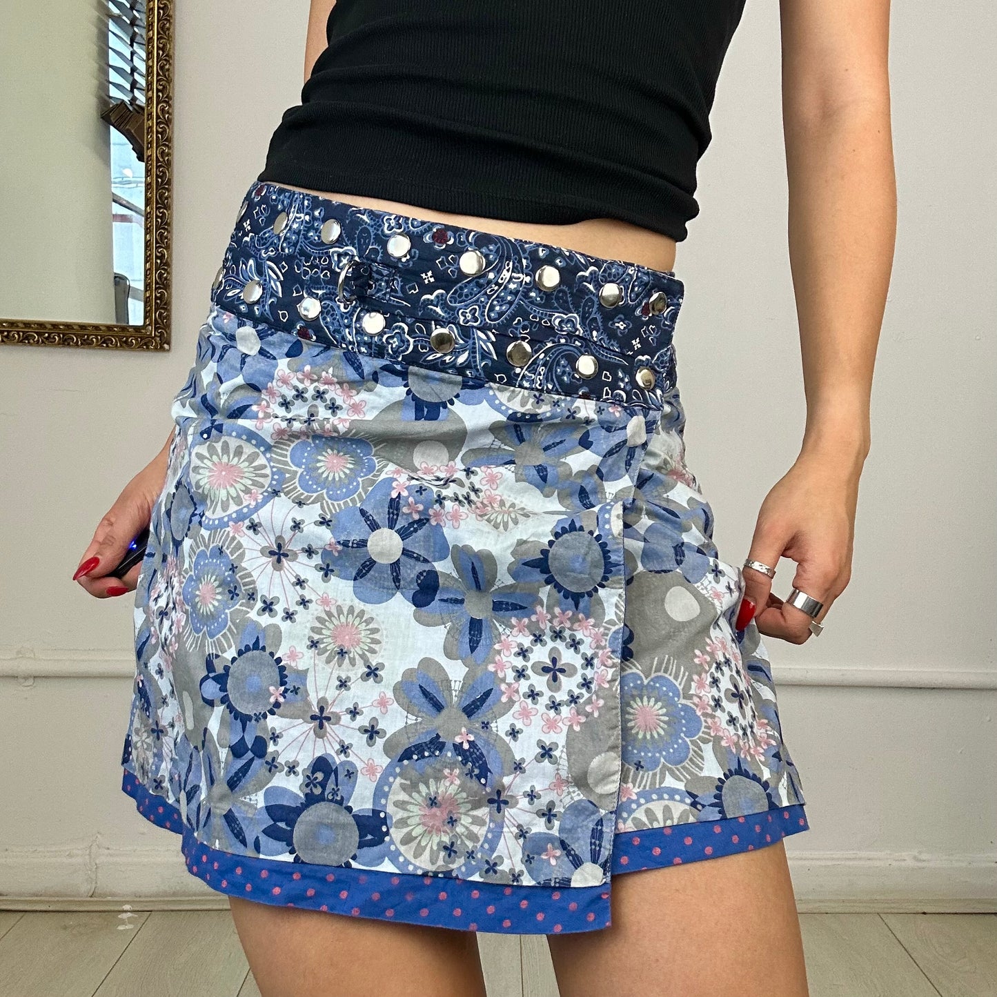 00's blue patterned reversible wrap mini skirt