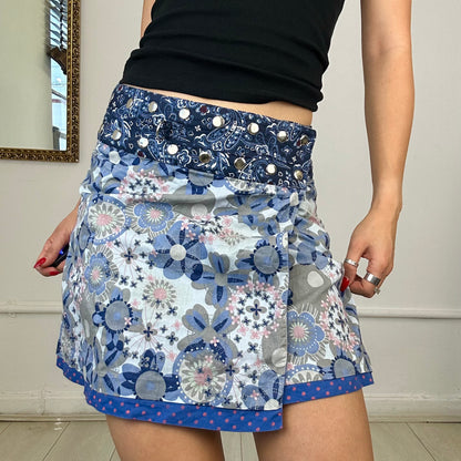 00's blue patterned reversible wrap mini skirt