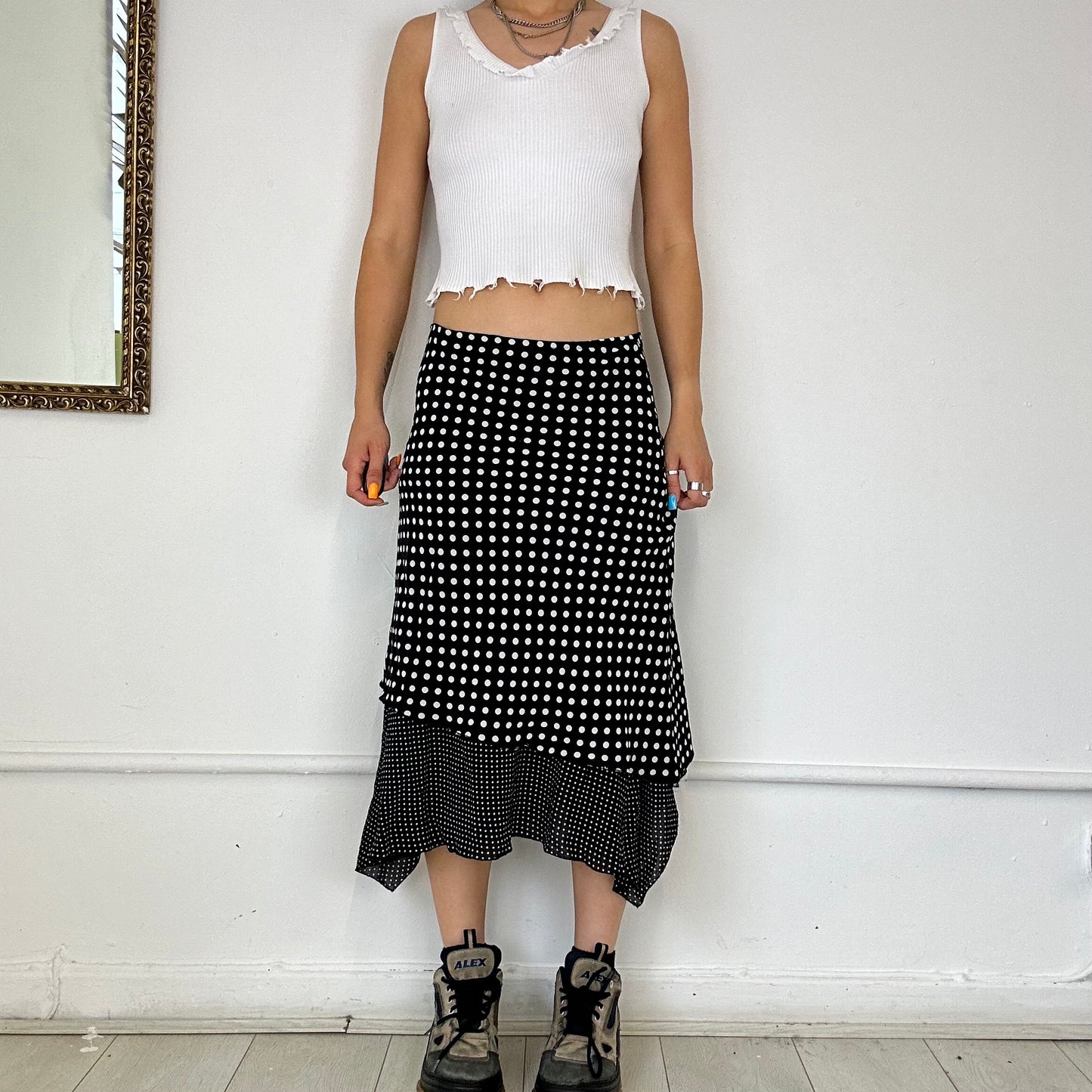 2000s black and white polka dot skirt