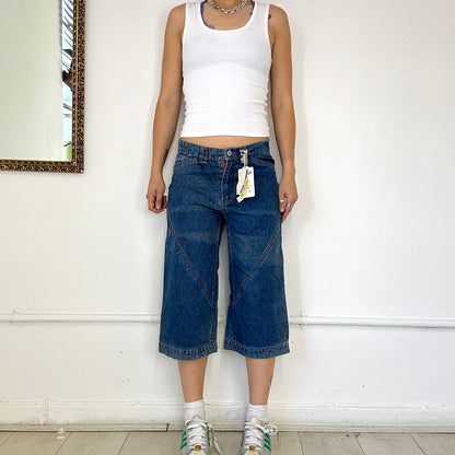 dark wash denim long cargo jorts