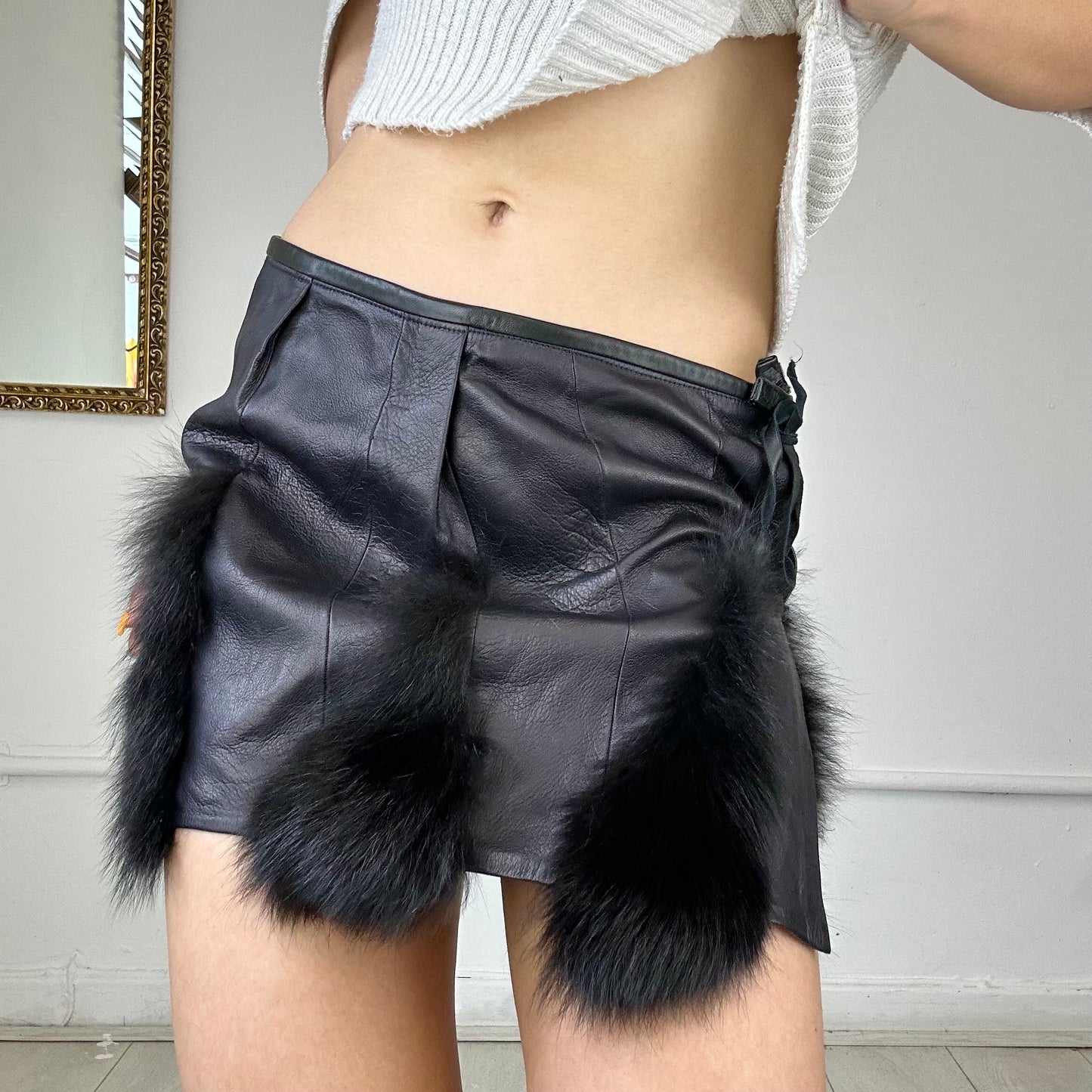 vintage black leather and fur mini skirt