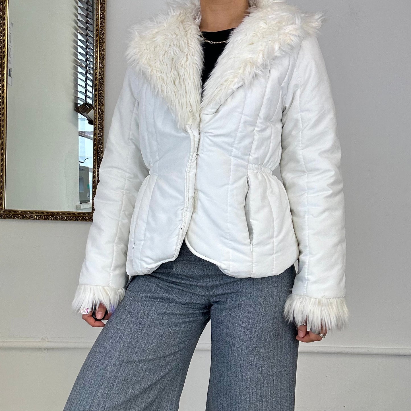 2000's white fur puffer coat