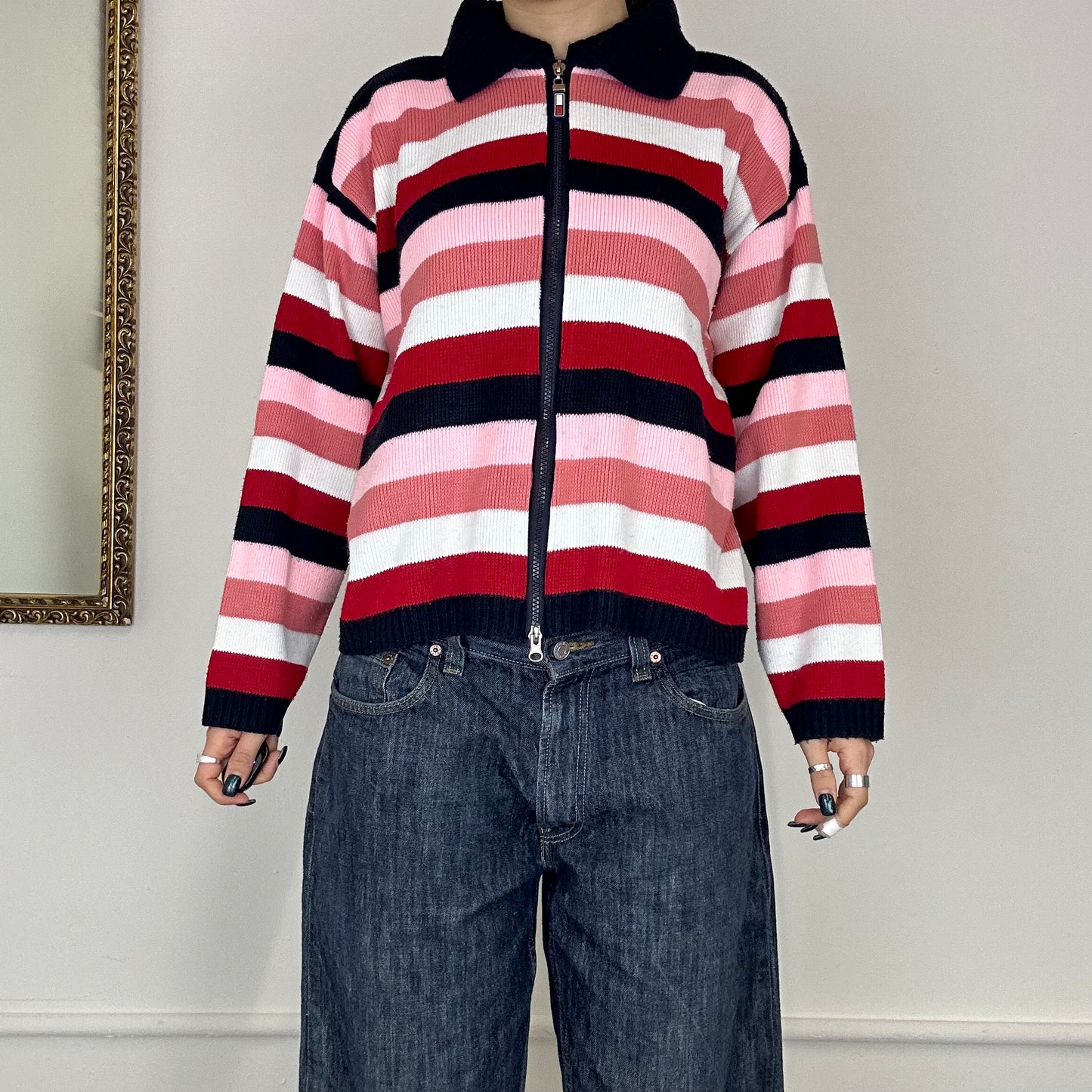 tommy hilfiger striped zip up jumper