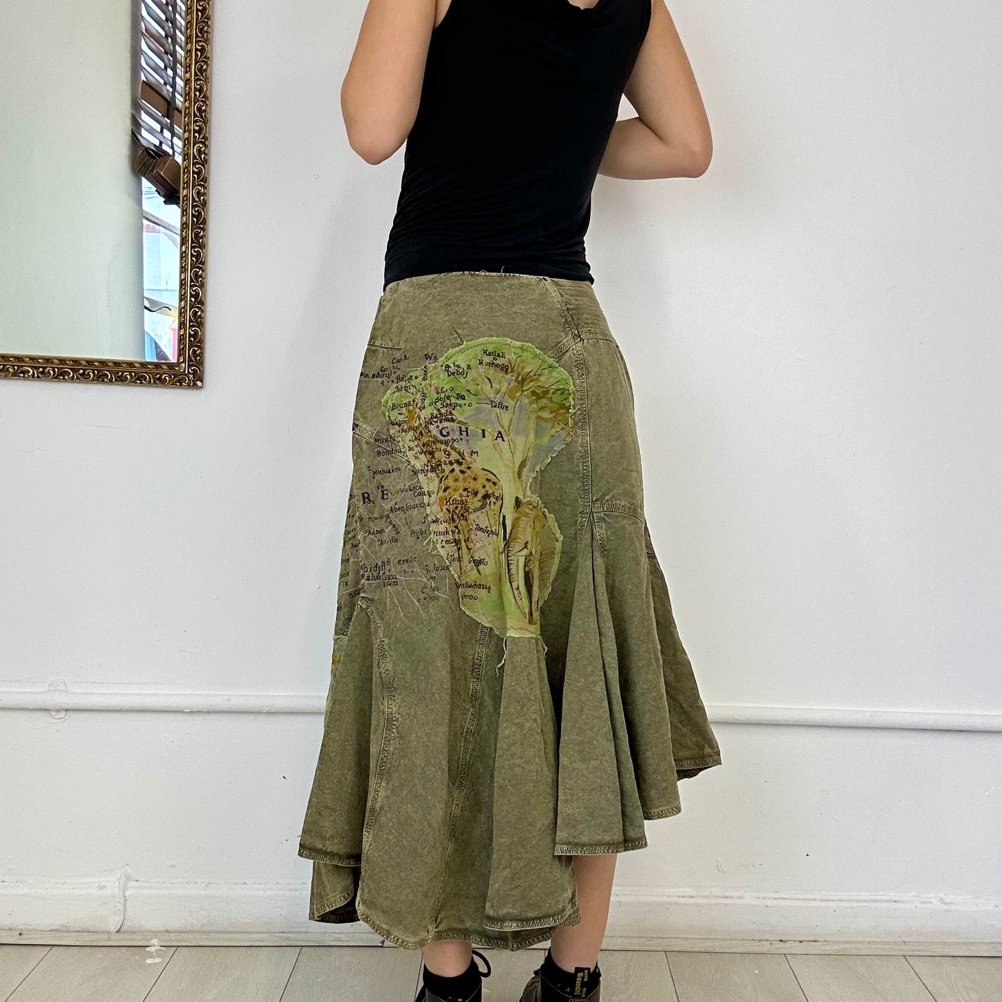 khaki asymmetric midi skirt