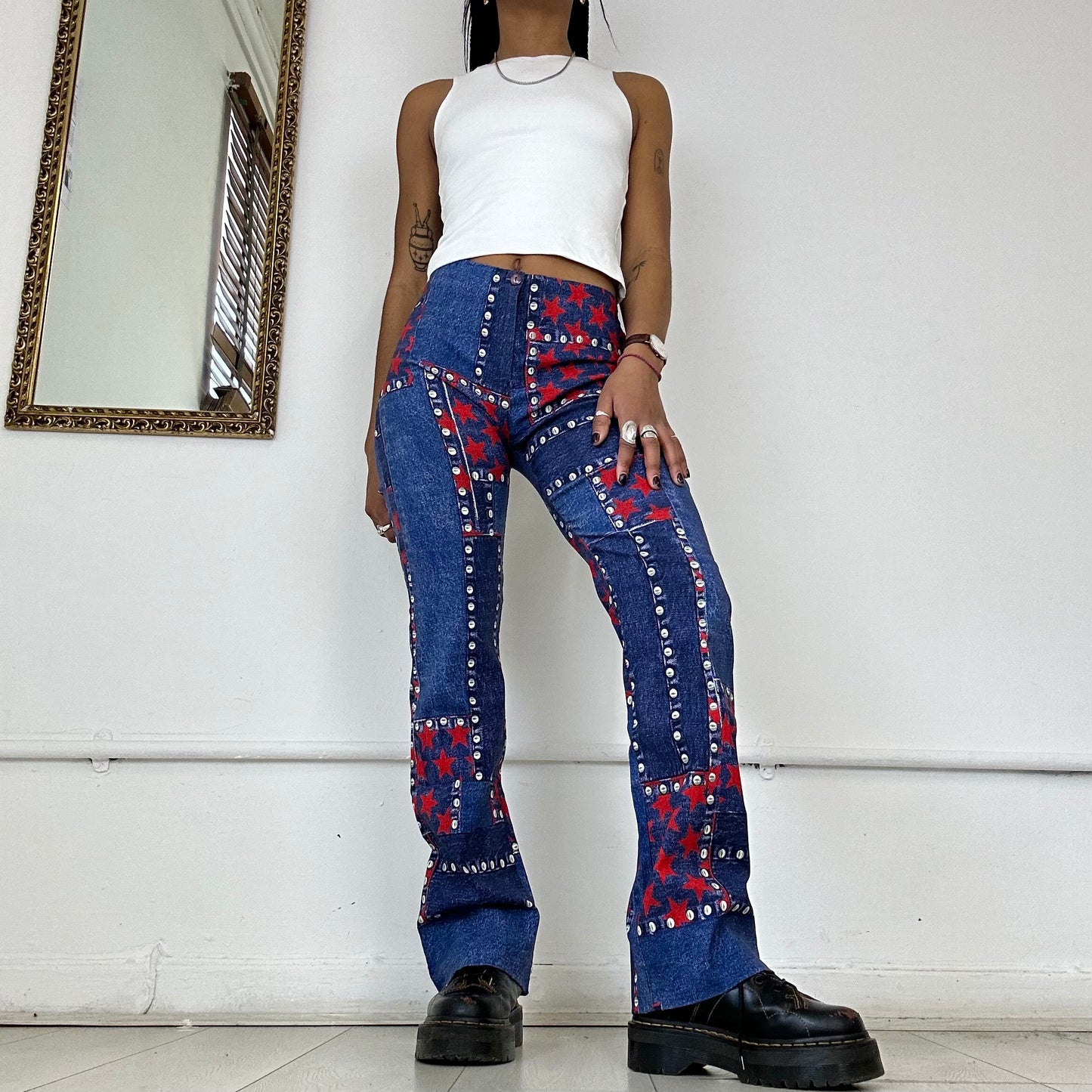 00’s printed patchwork flare trousers