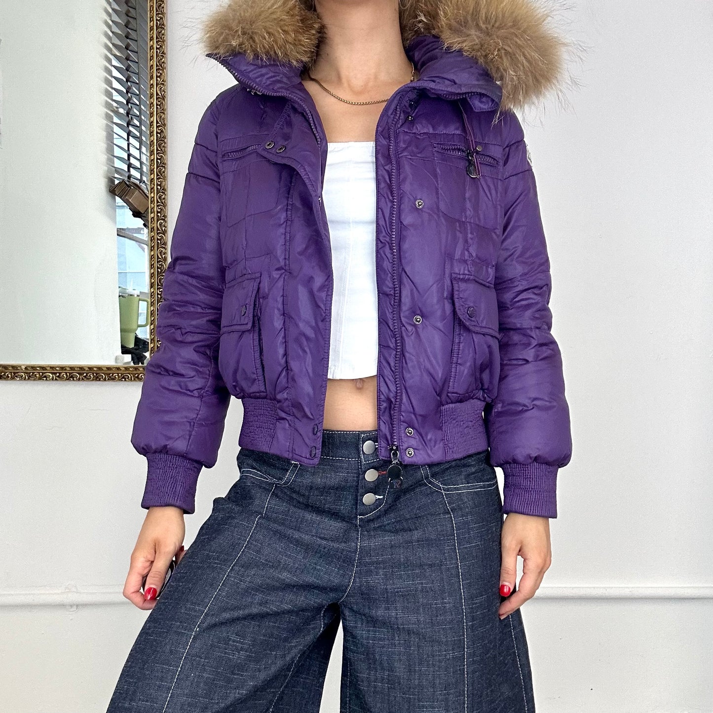 vintage moncler purple zip up hooded puffer coat