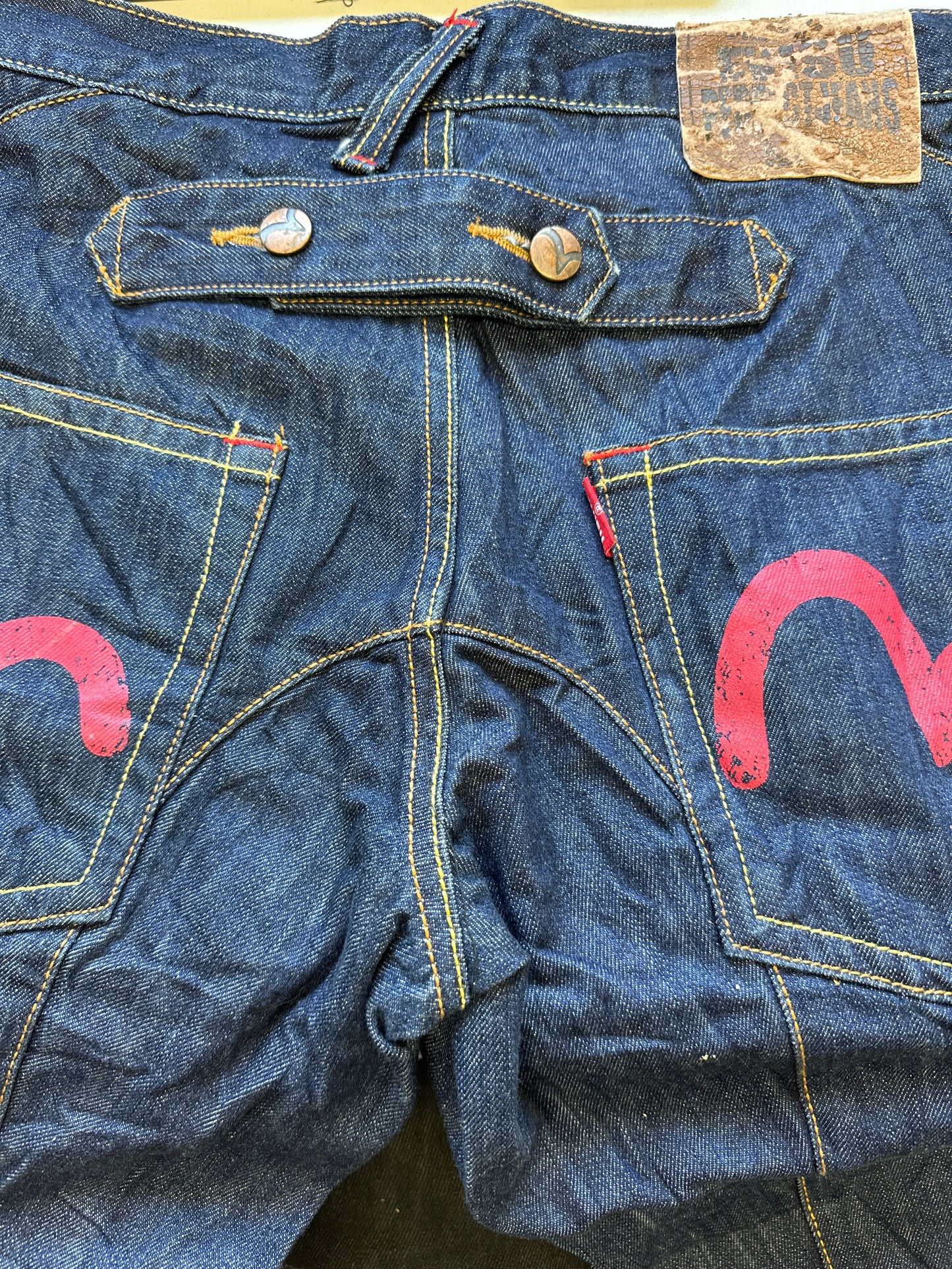 dark wash evisu denim shorts