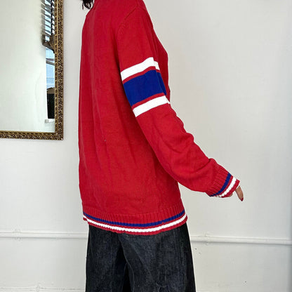 red hockey jersey quarter zip knitted jumper