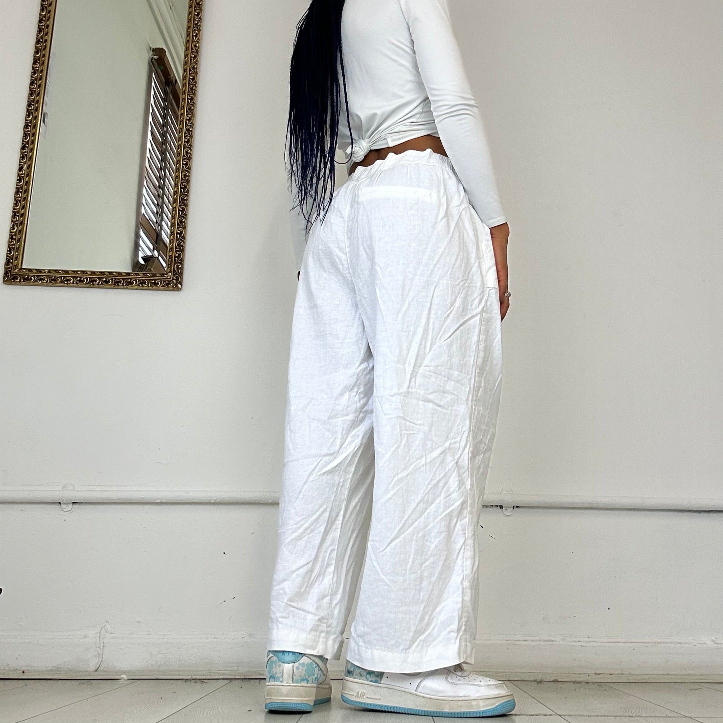 white wide leg linen trousers