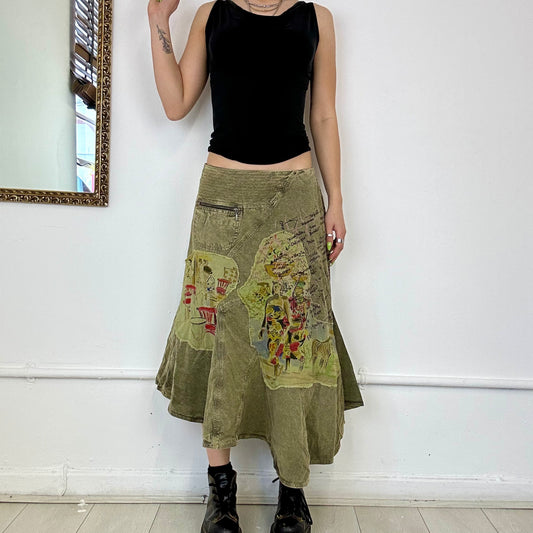 khaki asymmetric midi skirt