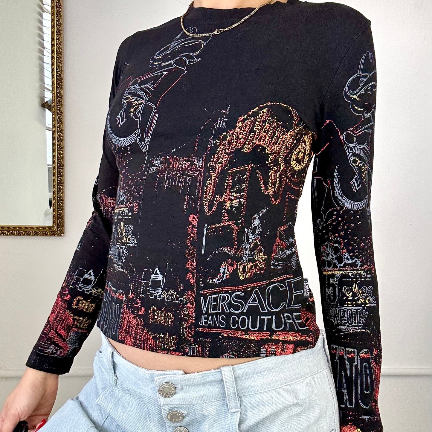 versace jeans couture pattern black long sleeve top