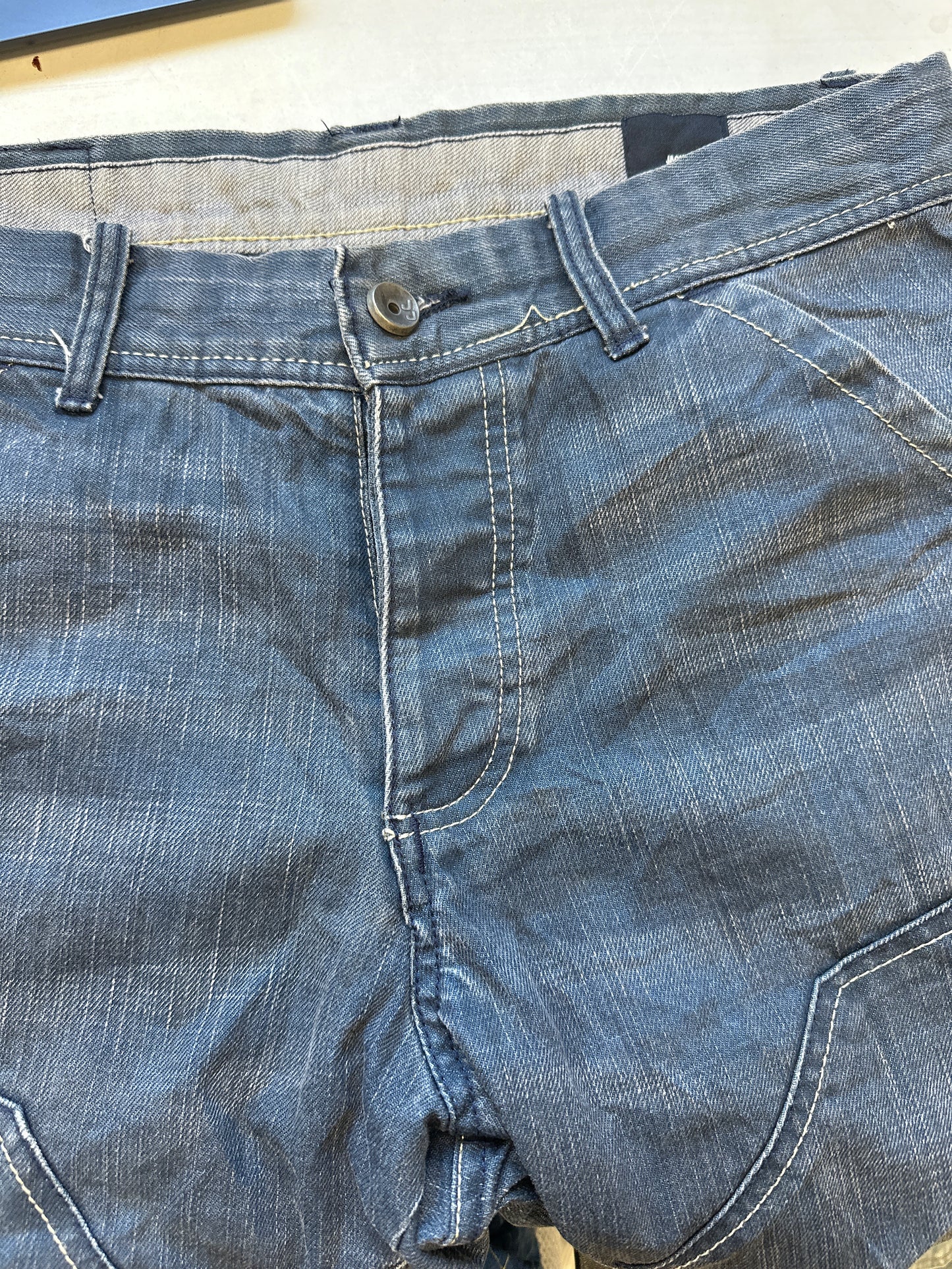 vintage dark wash long denim cargo shorts